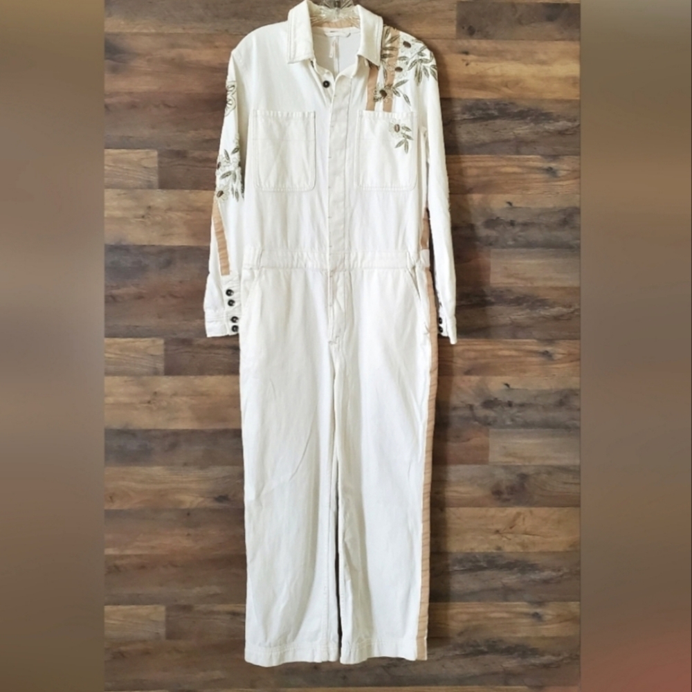 Free People Embroidered Beaded Jumpsuit Floral White Denim S